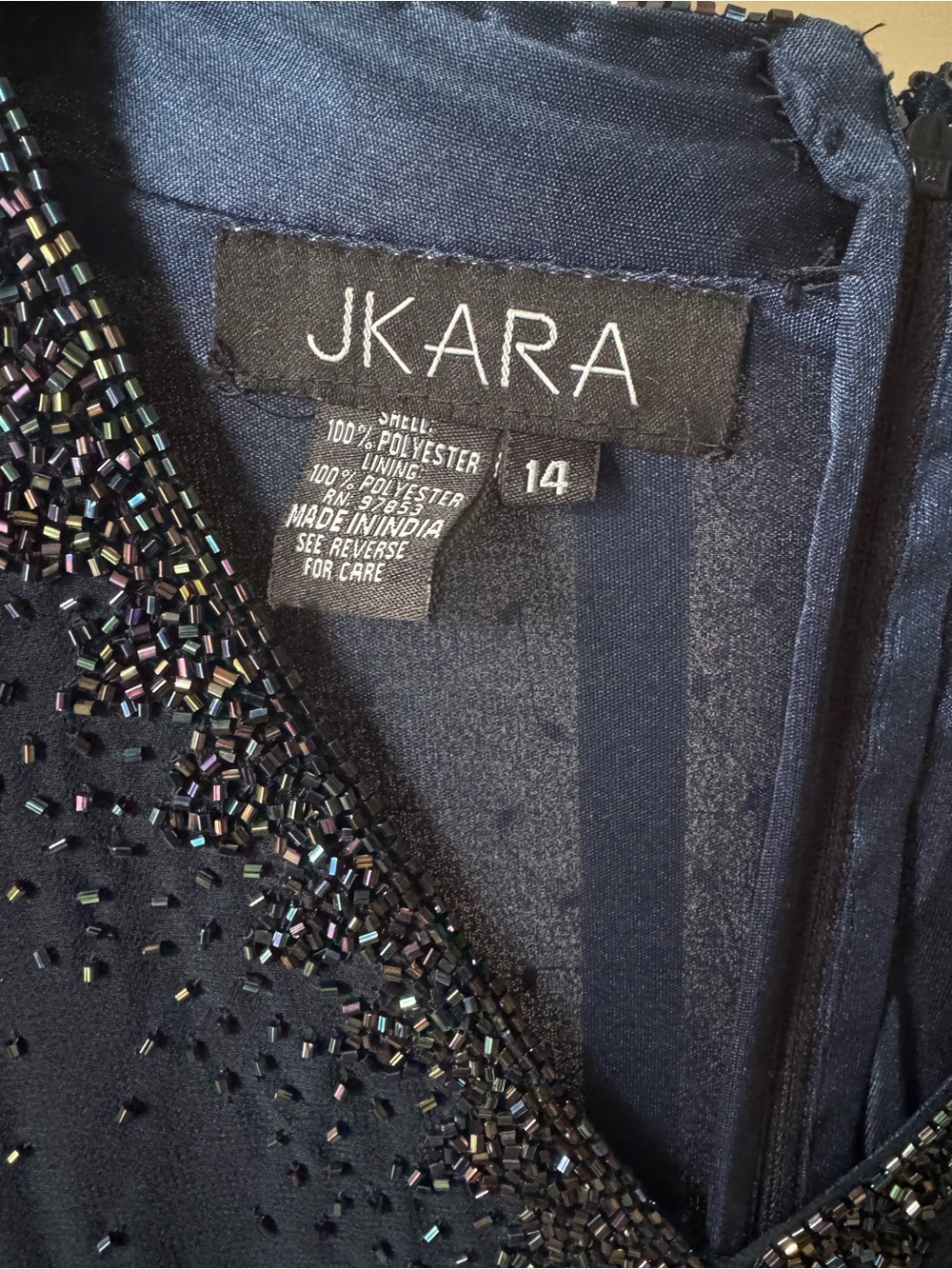 J Kara Navy Beaded V-Neck Evening Gown